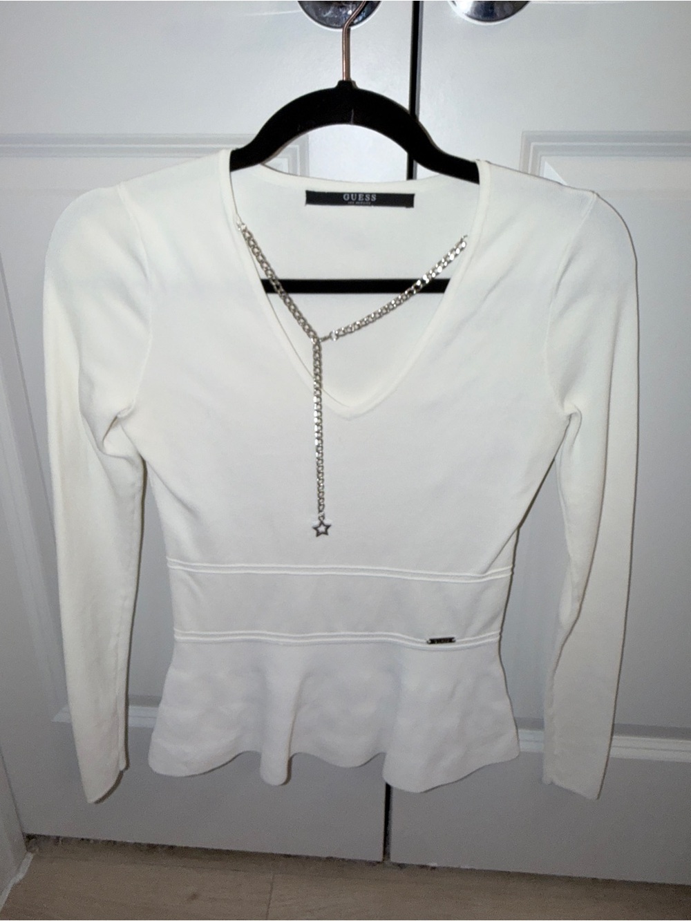 GUESS White Long Sleeve Peplum Top with Chain Detail